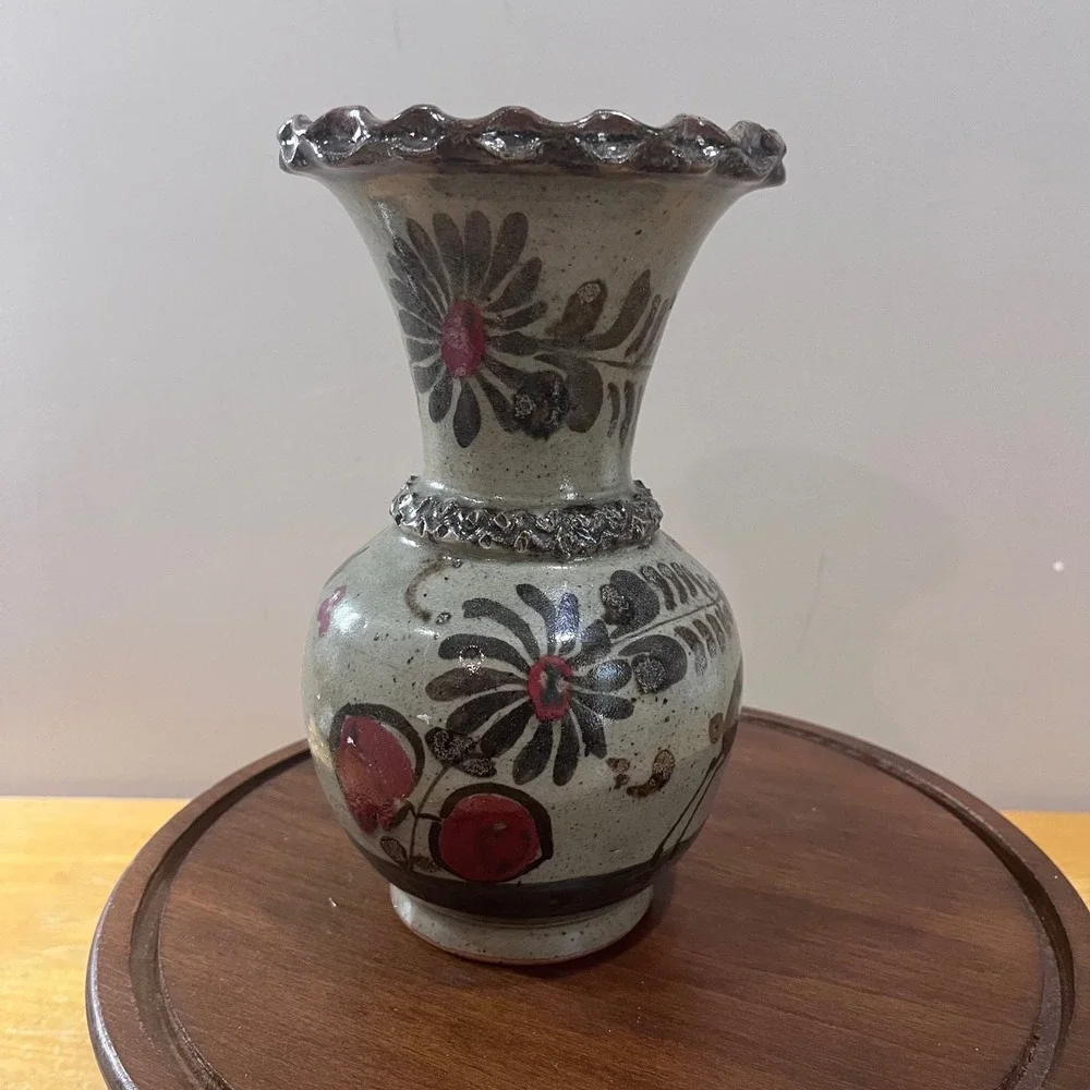 Vtg Tonala Mexican Pottery Vase Hand Painted Deer Floral Scalloped Rim 8.75